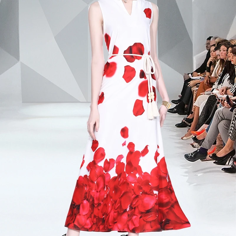 Женское модельное платье без рукавов, повседневное длинное платье с V-образным вырезом и принтом, лето 2022