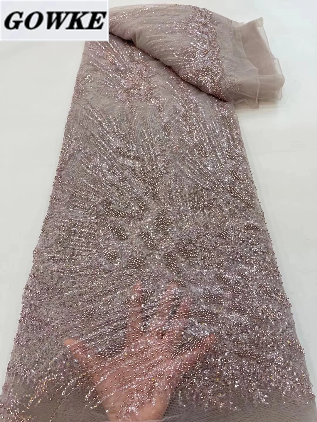 

Новейшая Роскошная французская кружевная ткань ручной работы из бисера африканская с вышивкой блестками 5 ярдов ткань Нигерия для свадебного платья