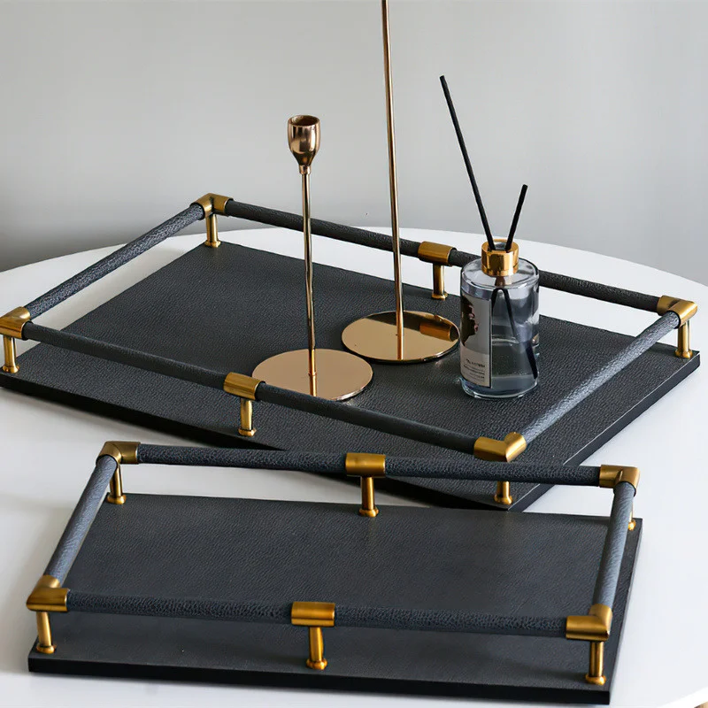 

Leather Nordic Handle Rectangle Pallet Large Tea Set Groceries Desktop Storage Kitchen Hotel Service Tray Decorate