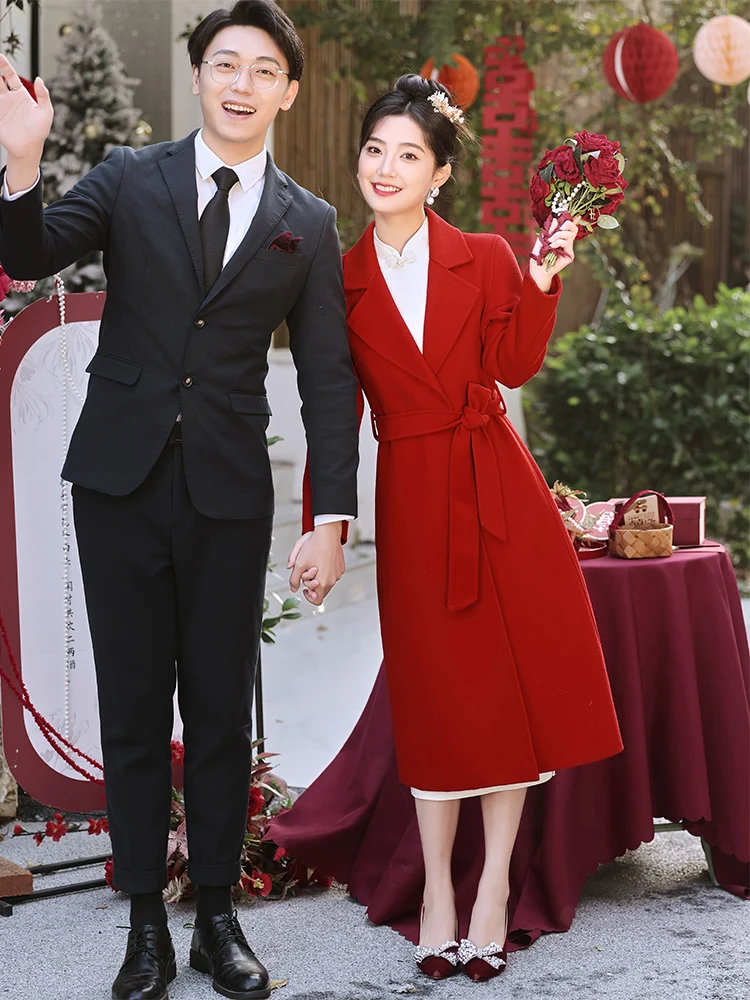 Новогоднее красное кашемировое пальто женское High Sense 2024 новинка 00% шерсть