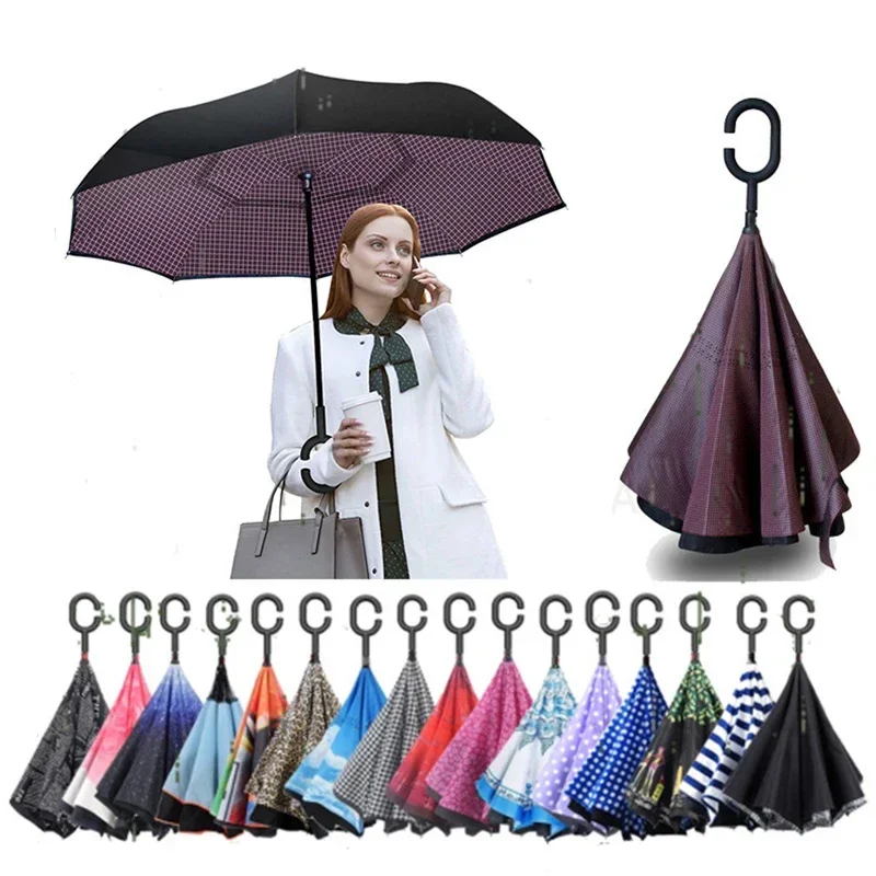 

Women Folding Windproof Reverse Reverse Long Inverted Golf For Double Umbrella Shank Umbrella Male Layer C-Hook Umbrellas 1pcNew