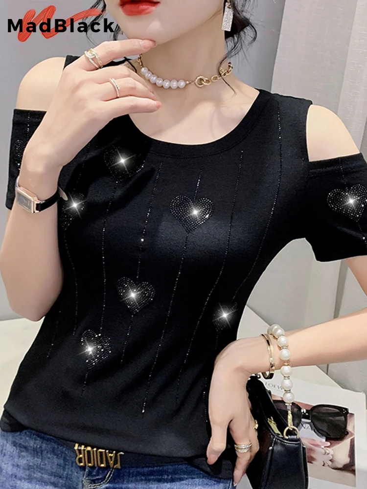 

MadBlack Summer European Clothes Cotton T-Shirt Chic Sexy Off Shoulder Shiny Diamonds Love Women Tops Short Sleeve Tees T24811X