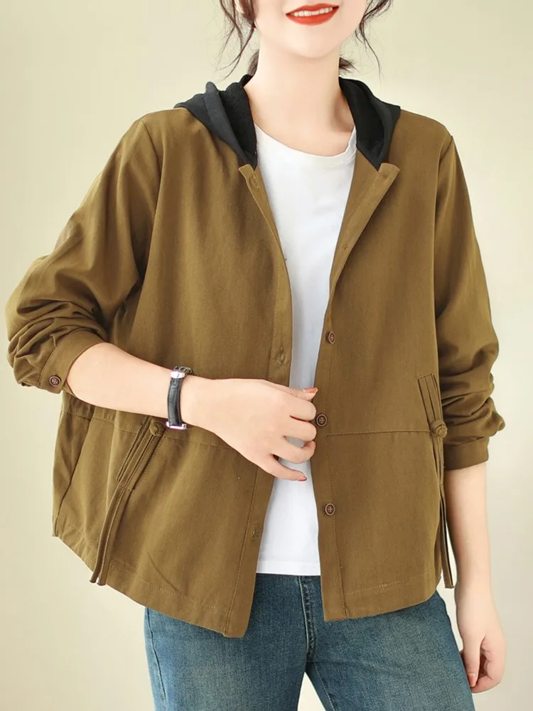 

Women Long Sleeve Hooded Jackets New Arrival 2023 Autumn Simple Style Solid Color Loose Female Cotton Outerwear Coats B2953