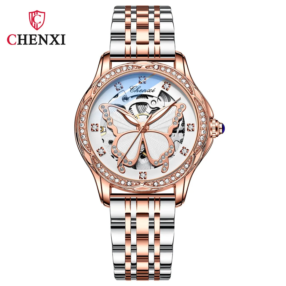 

Luxury Fashion Women Automatic Mechanical Watch Stainless Steel Strap Lady Wristwatch Beautiful Butterfly Dial Design Rhinestone