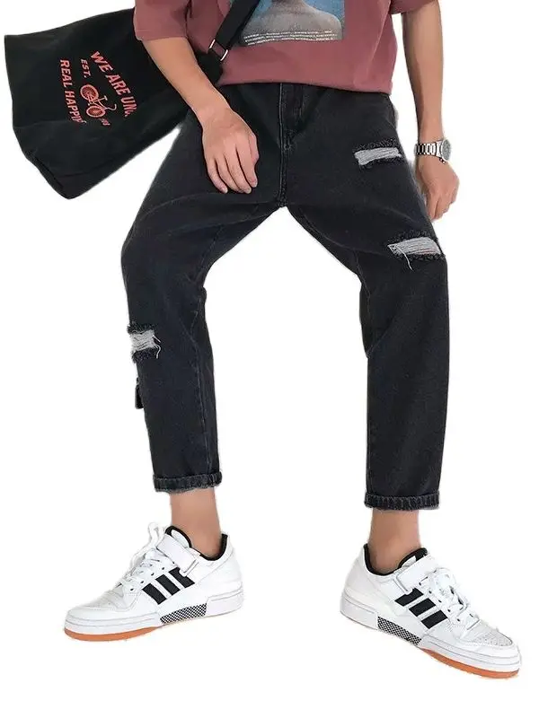 

Summer 2022 Fashion Thin Ripped Jeans Korean Loose Casual Ankle Length Pants Hong Kong Style Trendy Handsome Straight Male Pants