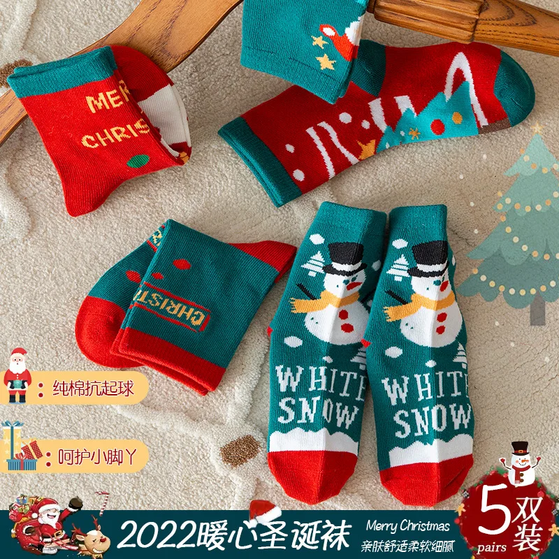 

2022 Autumn Winter New Children's Cartoon Print Christmas Socks For Boys And Girls Cotton Red Mid-Calf Socks