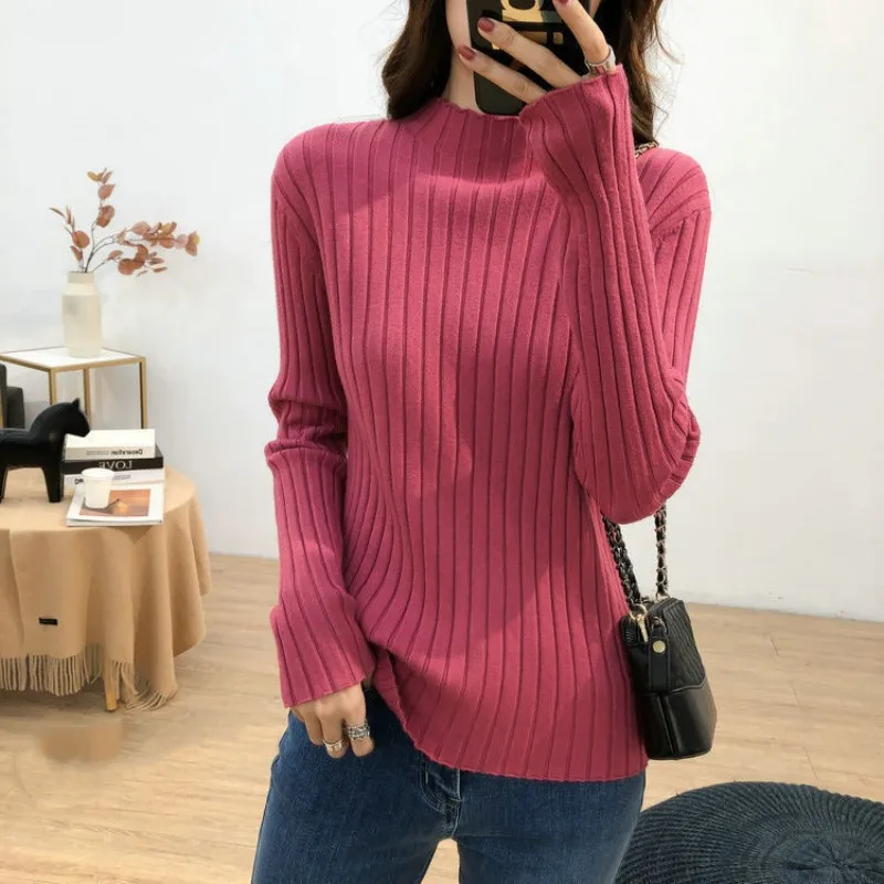 

Женский свитер с высоким воротником, пуловер в рубчик с длинным рукавом, вязаное свободное зимнее теплое нижнее белье, повседневные Осенние Топы