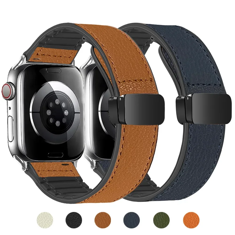 

Genuine Leather+Silicone Strap For Apple Watch 49mm 44mm 40 45mm 41mm ultra 2 magnetism bracelet iWatch series 9 8 7 6 se correa