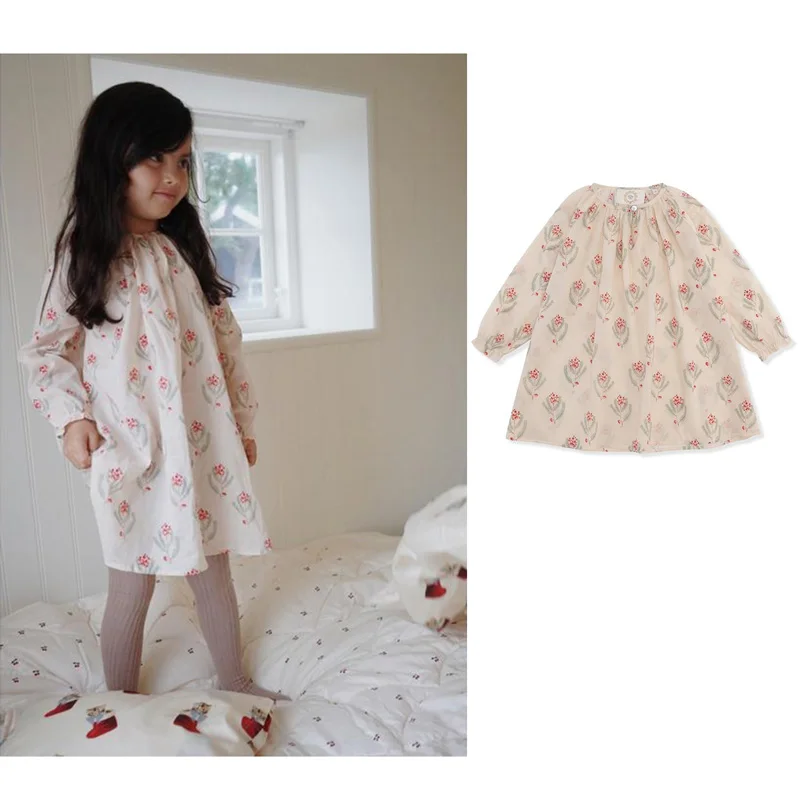 

Платья для девочек, Новинка лета-весны 2022, фирменное платье с длинным рукавом и цветочным рисунком для маленьких девочек, платье с вырезом, Д...