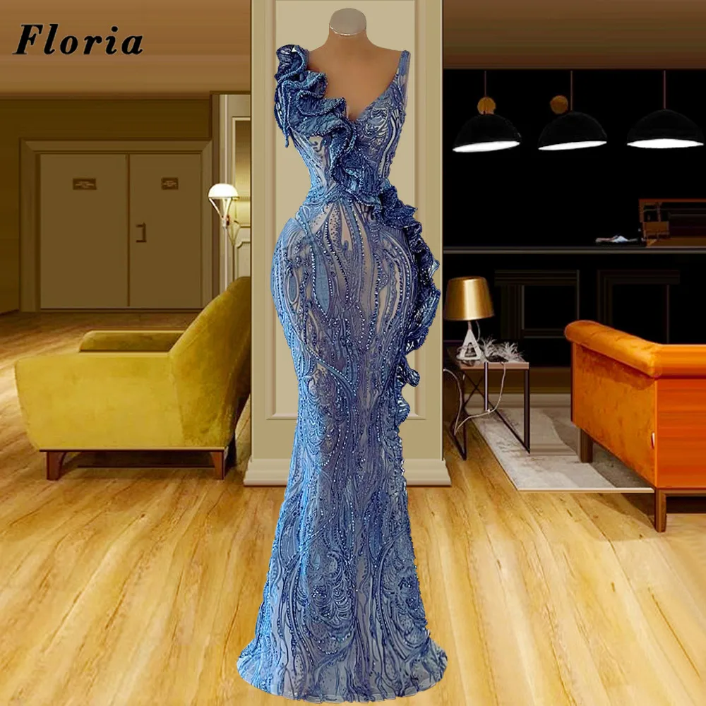 

Floria Blue Flowers Beading Evening Dresses African Mermaid Prom Party Dresses For Women Dubai Pageant Gowns Vestidos De Mujer