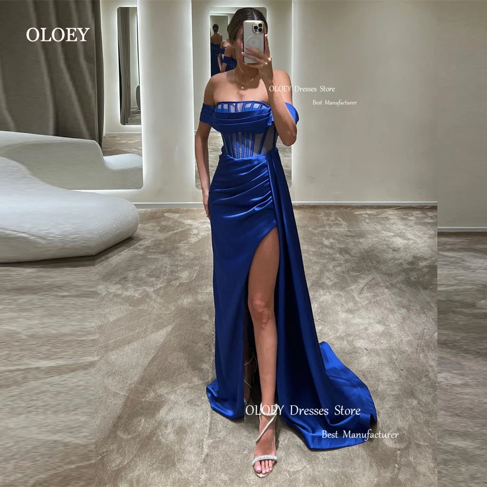 

Атласные Длинные вечерние платья OLOEY, синие платья без бретелек, женские длинные платья для выпускного вечера, плиссированные платья с разрезом, современное официальное платье в арабском стиле для вечеринки, 2023