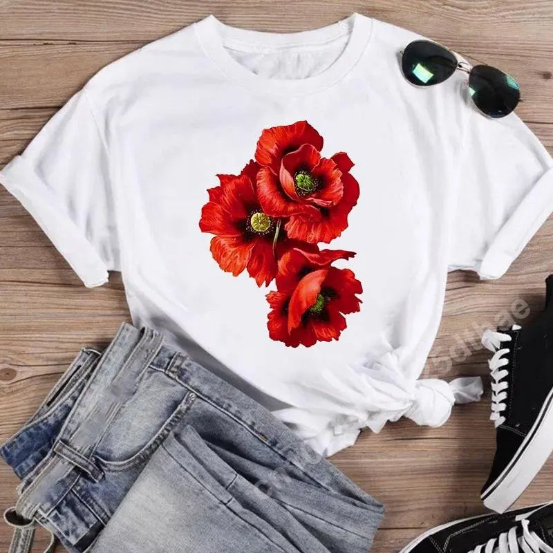 

2023 Spring Flower Print T-Shirt Fashion Watercolor Women Cartoon Short Sleeve Graphic T Top Summer OversizeTshirts Female Tee