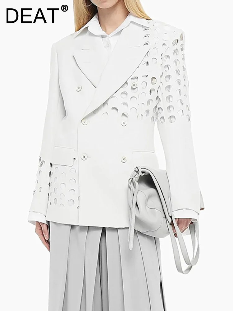 

DEAT Fashion Women's Blazer Notched Collar Hollow Out Design Double Breasted Solid Color Suit Jackets Spring 2023 New 17A6072