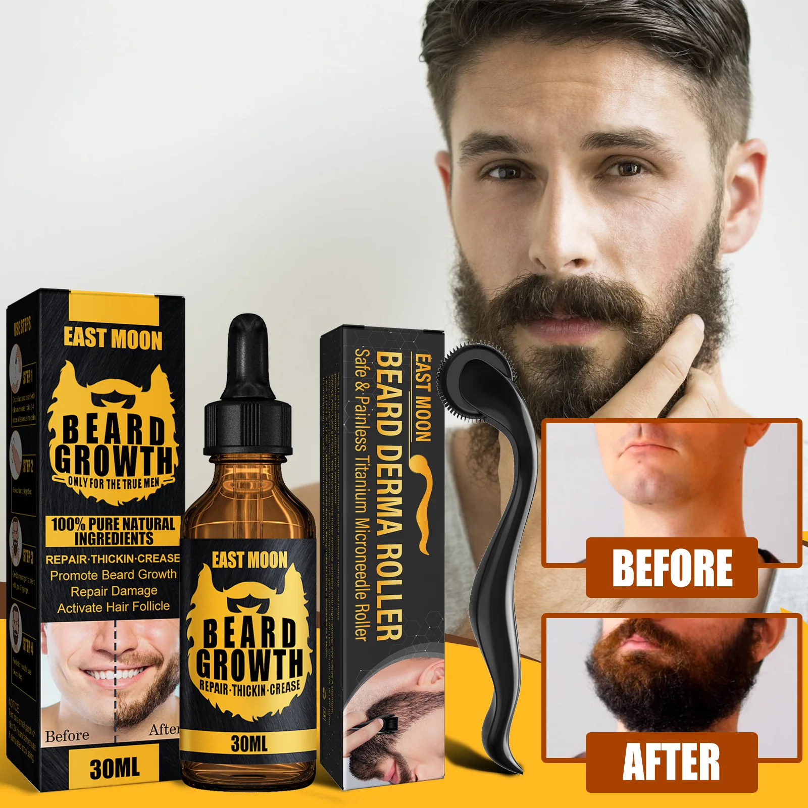 

30ml Men Beard Growth Roller Set Beard Growth Kit Men's Beard Growth Essence Nourishing Enhancer Beard Oil Spray Beard Care