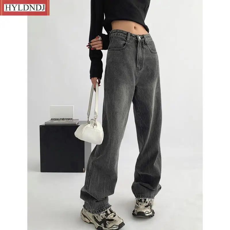 Spring New Women's Bottoms Dark Grey High Street Fashion Baggy Retro Straight American Style High Waist Wide Leg Jeans Trousers