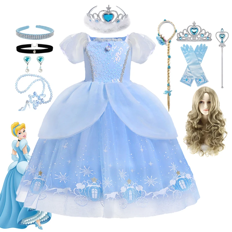 Disney Girls Cinderella Princess Cosplay Costume Kids Children Vestidos Party Ball Gown Dress Halloween Clothes