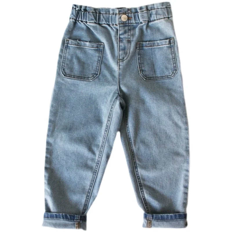 

Оригинальные джинсы для девочек, демисезонные синие однотонные джинсовые брюки для маленьких девочек, Повседневные детские брюки