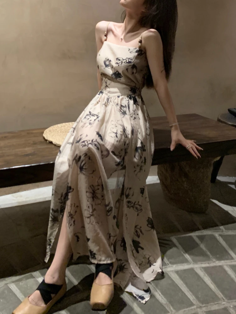 

Korea Fashion Floral Sleeveless Woman Elegant Casual Strap Midi Dress Slim French Vintage Evening Party Dress 2022 Summer Design