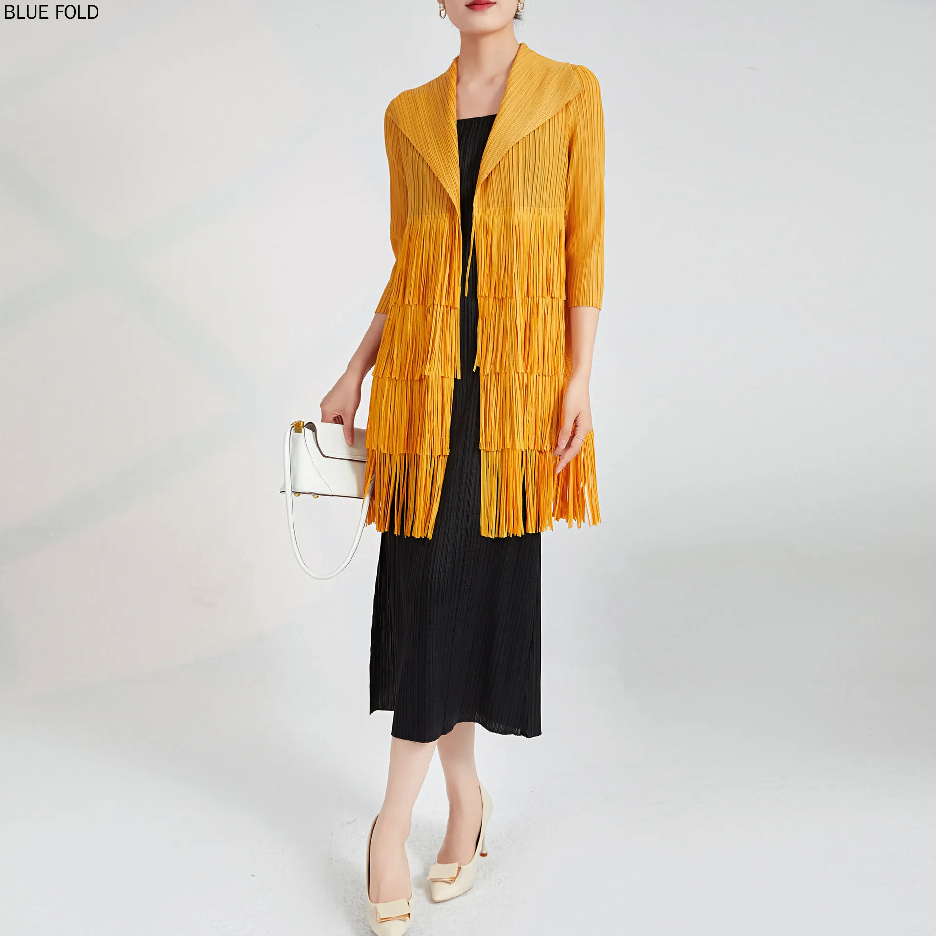 

Женское пальто, весна, модный, с бахромой, свободный, средней длины, Miyake, складной кардиган, снаружи, со складками, Casaco, женственный Тренч