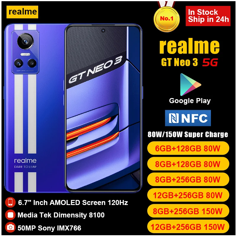 realme gt neo 3 5g smartphone 80150w super charge dimensity 8100 game mobile phone 120hz amoled screen 4500mah nfc cellphone free global shipping