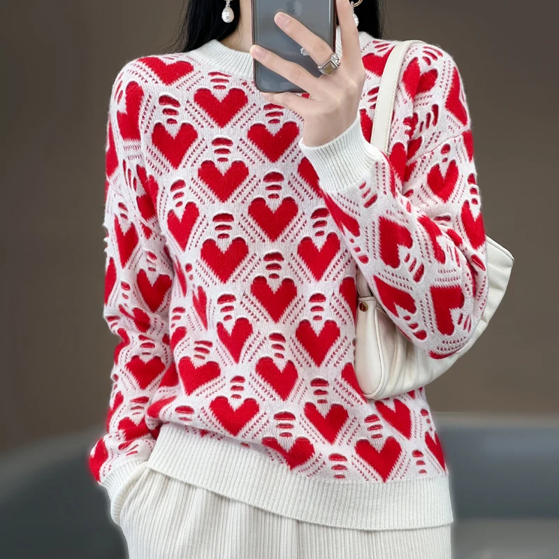 Stylish Vintage Heart Jacquard Cashmere Sweater In Contrasting Color Women's Round Neck Loose and Thick Pure Wool Base Knit