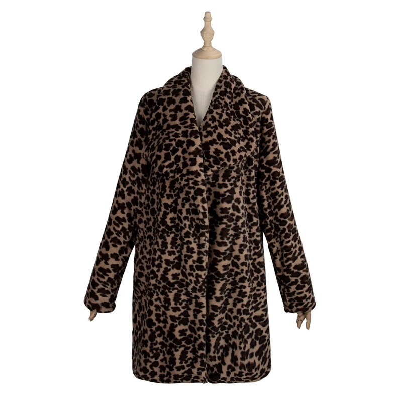 Leopard Faux Fur Vintage Coat Women Fuzzy Plush Long Sleeve Jacket Oversized Loose Lapel Collar Warm Parka 2023 Thick Streetwear