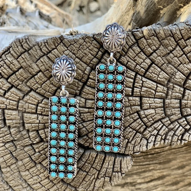 

New Retro western style geometric long strip inlaid with pine Stone Earrings
