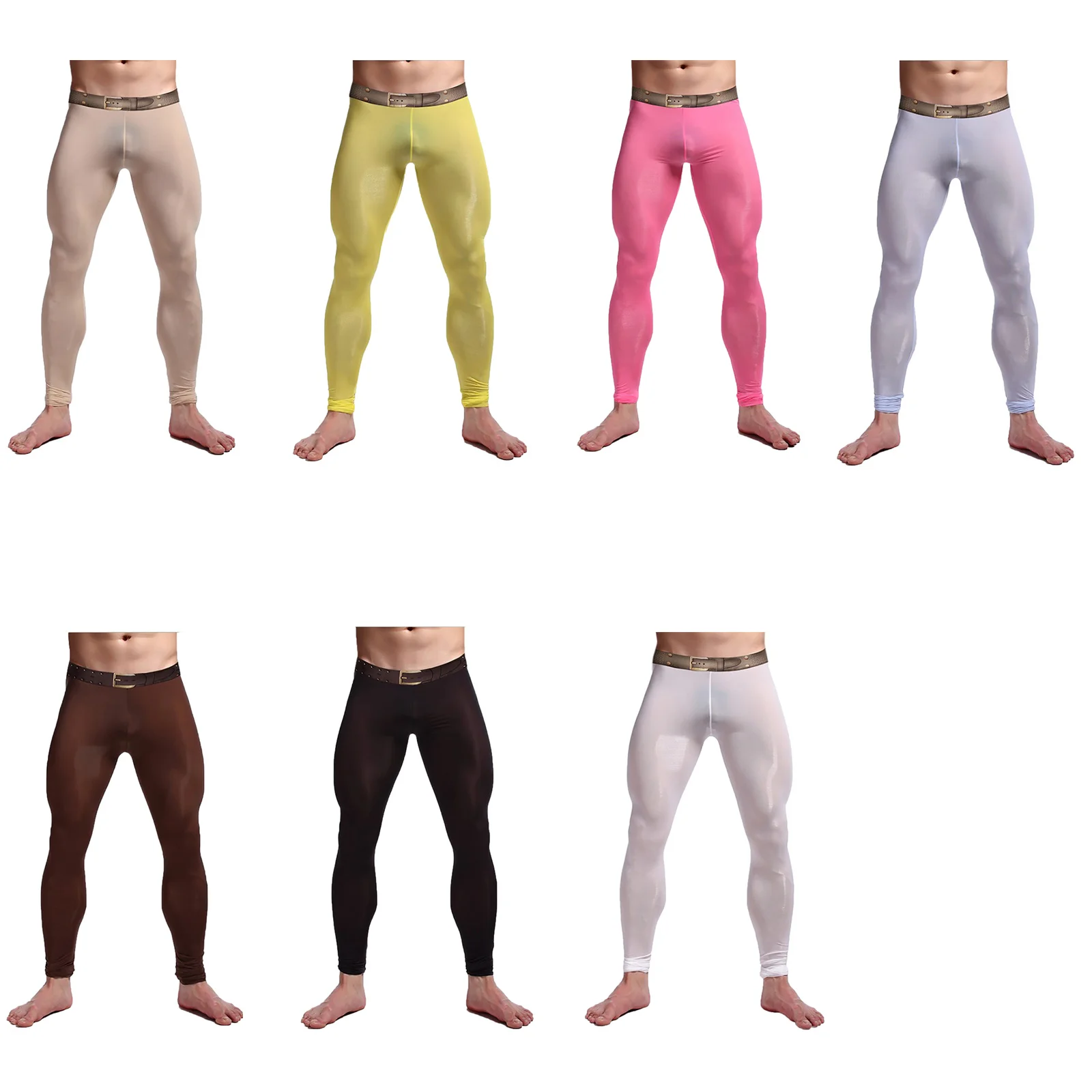 Sexy Mens See Through Ice Silk Ultra-thin Transparent Thermal Leggings Belt Print Tight Pants Underwear