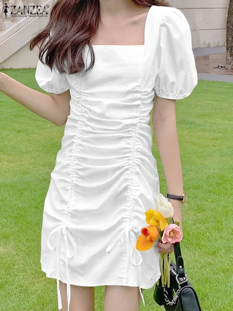 

Летний плиссированный сарафан ZANZEA 2022, Стильное женское мини-платье с пышными рукавами и кулиской, короткие платья, женское платье с квадрат...
