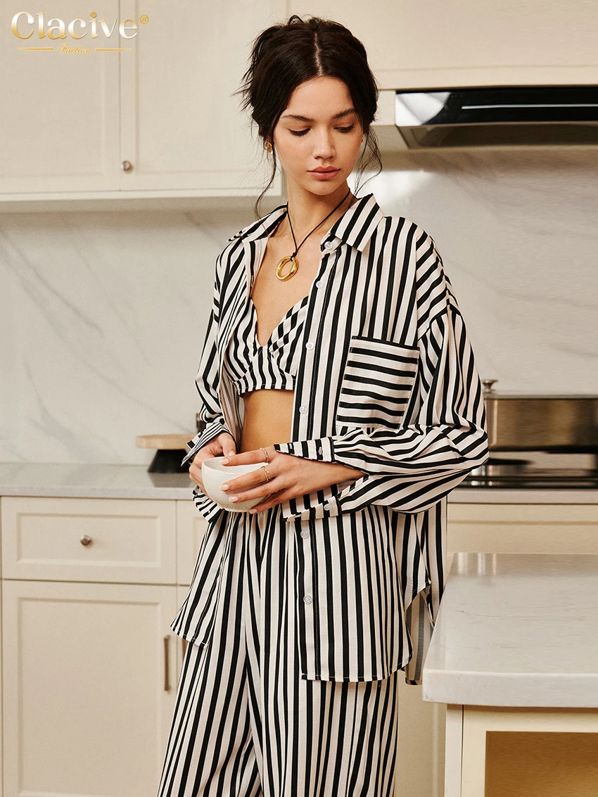 Clacive Fashion Свободные брюки в полоску с принтом Женские комплекты из 3 предметов