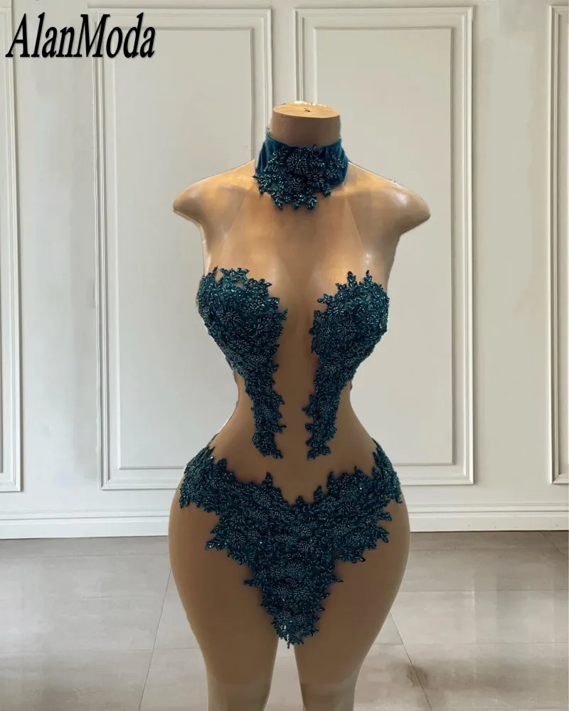 

Formal Occasion Dresses Party Wear Velvet Applique Beading High Neck Short Prom Gowns Backless Mini Girls Birthday Dress