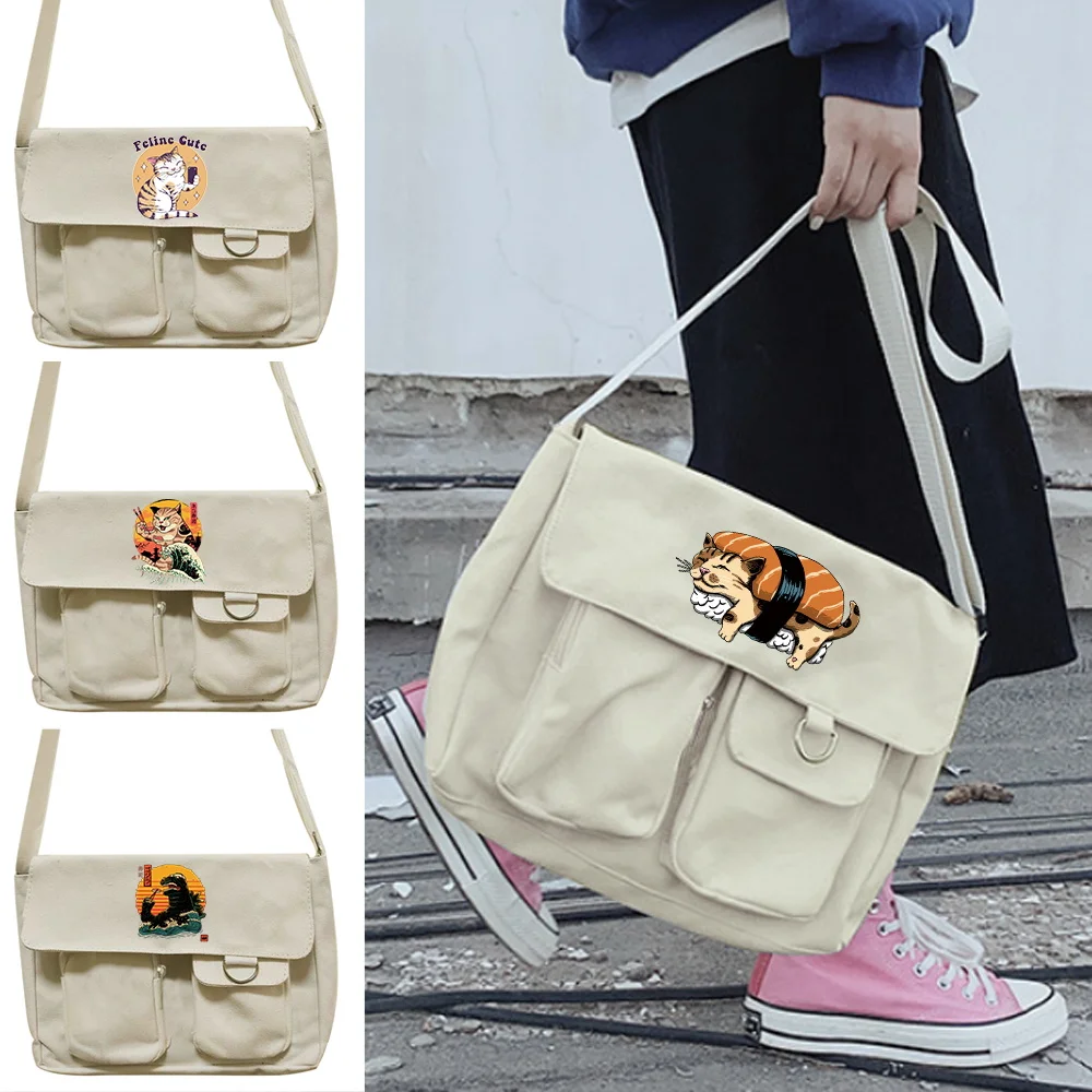 

Shoulder Bag Youth Japanese Harajuku Style Wild Crossbody Bags Japan Cat Print Satchels Postman Case Women Casual Canvas Packet