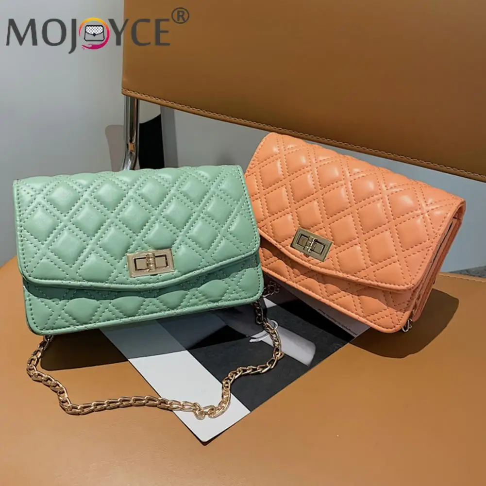 

Fashion Women PU Leather Thin Chain Shoulder Crossbody Bag Casual Diamond Lattice Pattern Solid Color Small Messenger Handbags