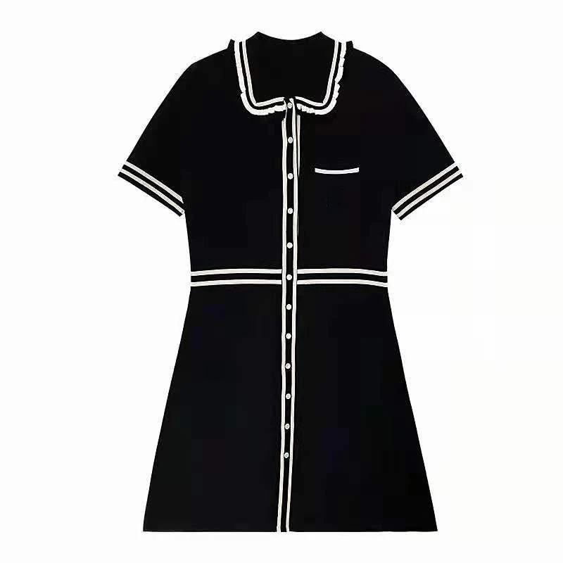 

Модное и удобное Новое Стильное приталенное черное вязаное Повседневное платье с коротким рукавом и кукольным воротником для женщин