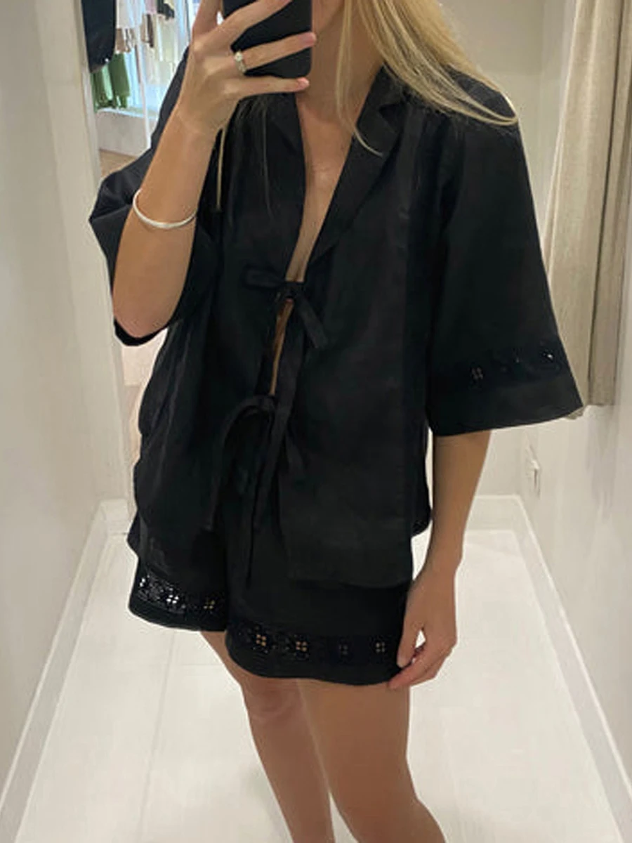 Женская повседневная рубашка из 2 предметов с рукавами 3 4 завязками спереди и