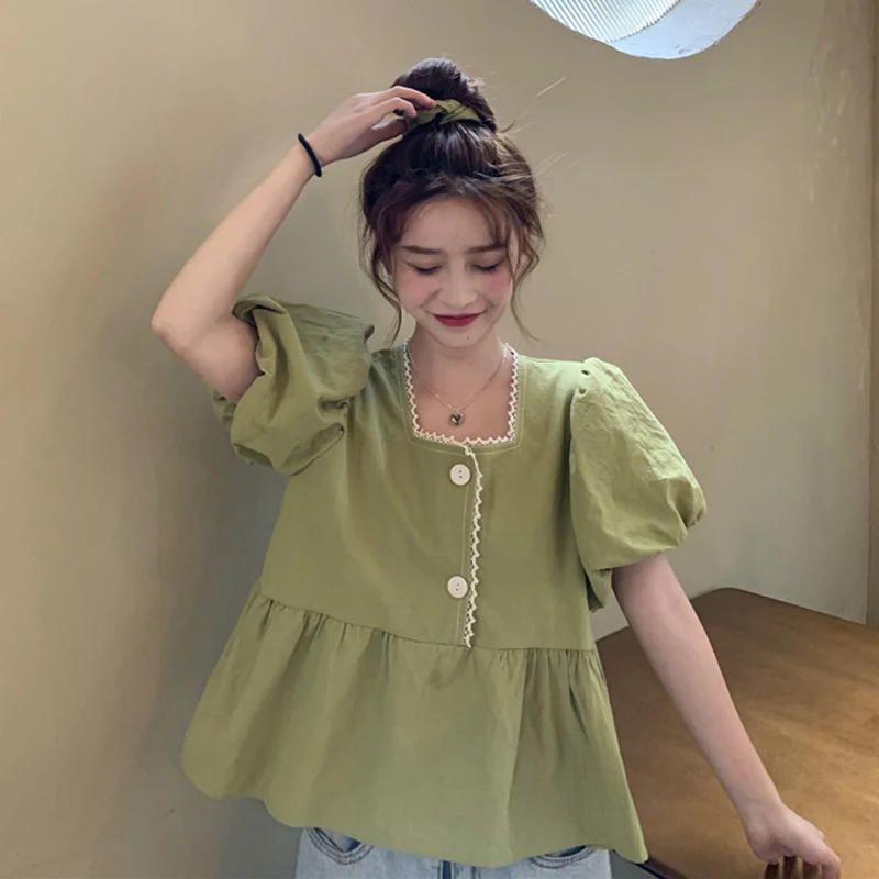 

2022 summer fashion women's new summer slim Korean chic top temperament bubble short sleeve Hong Kong style shirt