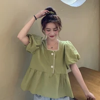 2022 summer fashion womens new summer slim korean chic top temperament bubble short sleeve hong kong style shirt