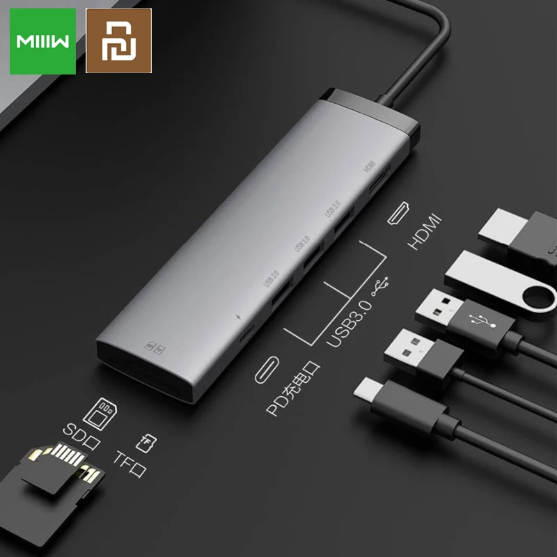 

Original Youpin MIIIW Type-C Portable 7 in 1 Converter 3*USB 3.0 HDMI 4K HD Video Output 100W PD Power Supply Card Reader for PC