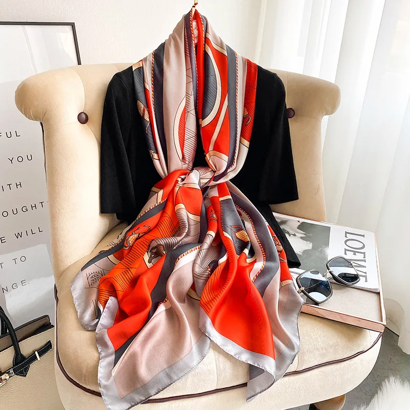 

Satin Shawls New Print Popular Carriage Silk Scarves Europe And America 180X90CM Beach Towel Four Seasons Fashion Long Bandannas