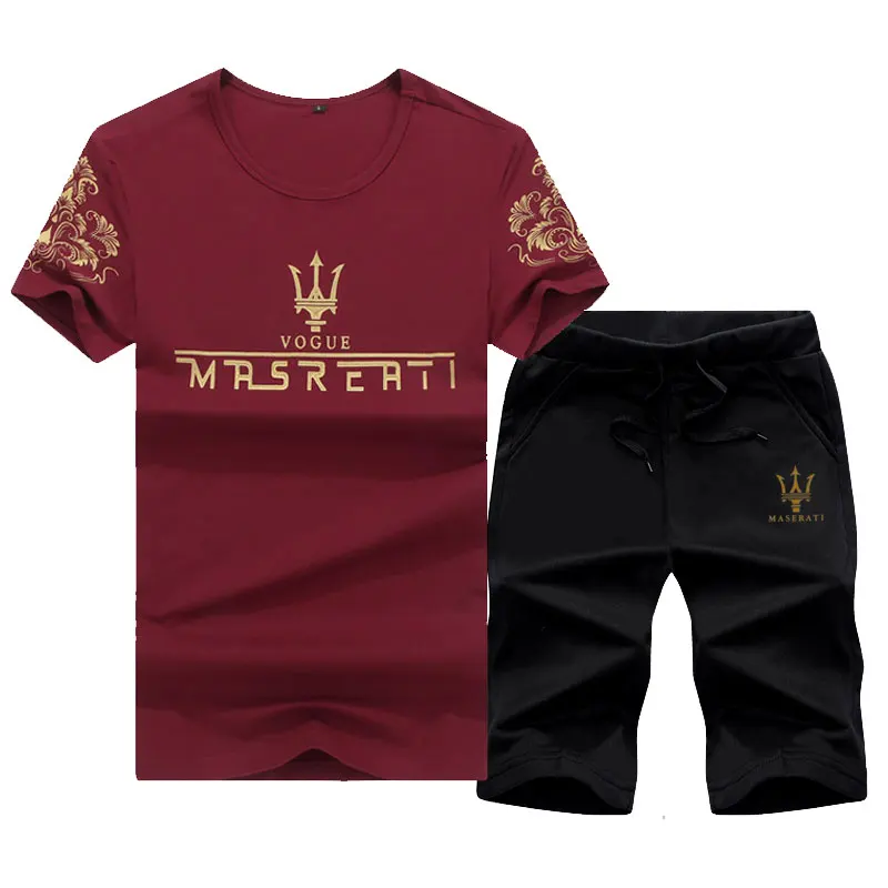 Summer Men's Set Short Sleeve T-shirt Set Fashion Print Maserati Pattern Sportswear Casual Top Shorts Breathable Sportswear