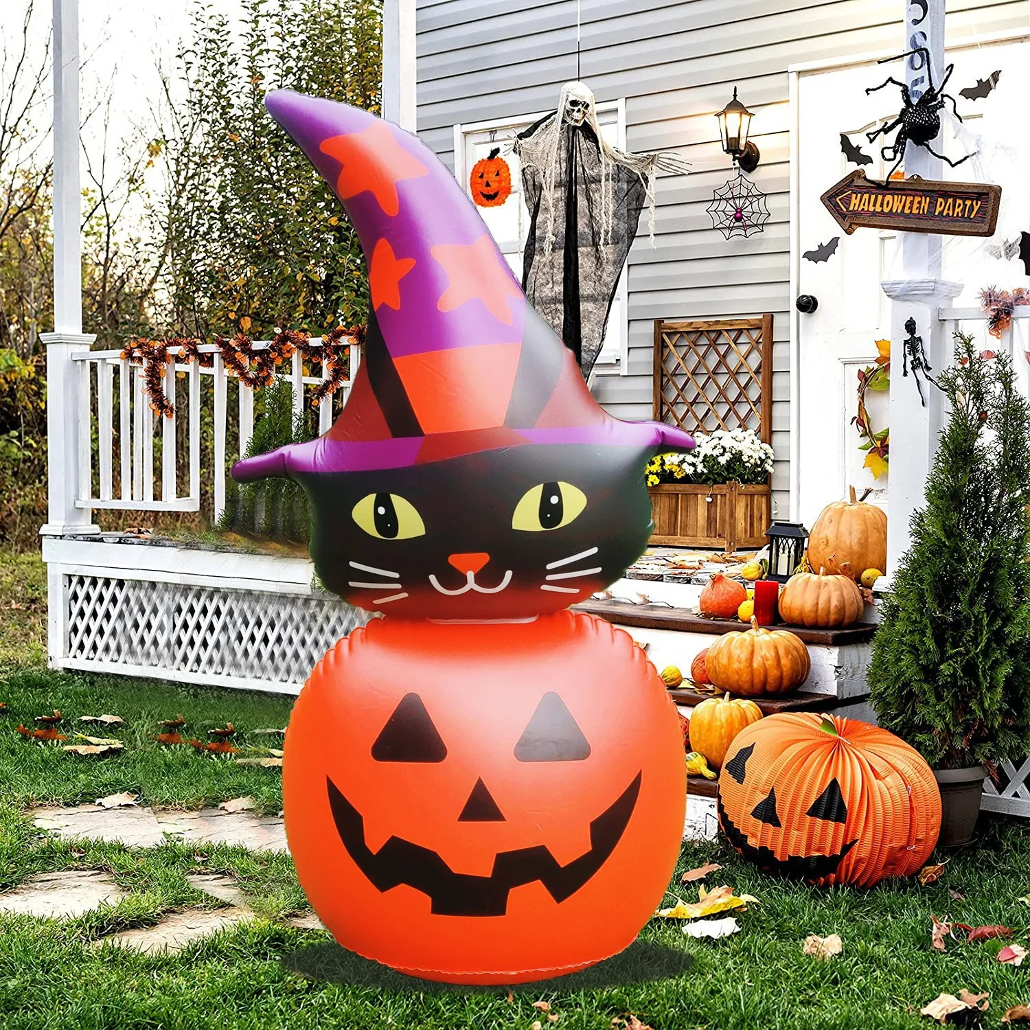 

4ft Tall Halloween Inflatable Kitty Cat On Pumpkin Yard Party Garden Lawn Holiday Decoration with Build-in LEDs
