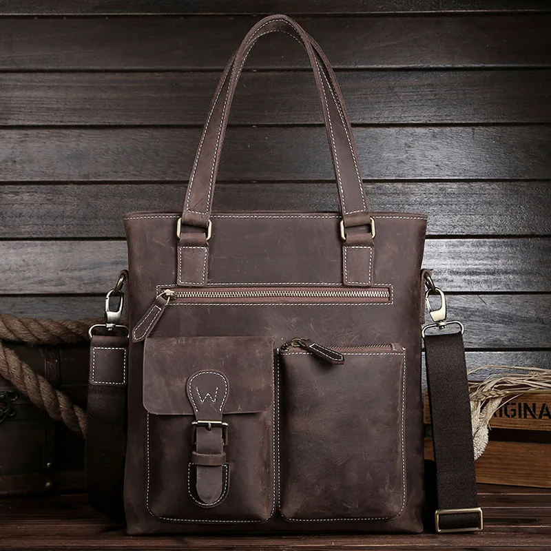 New Crazy horse leather men's carrying briefcase Business leather Mailman Baotou layer cowhide shoulder bag