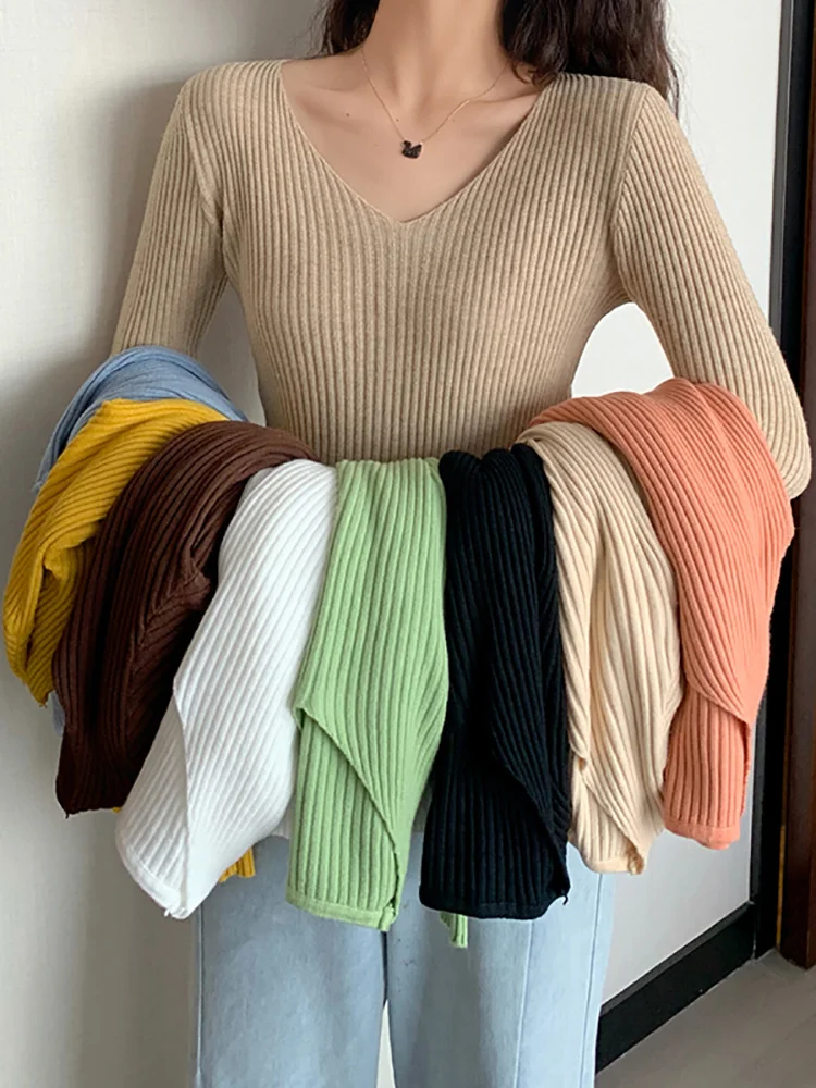 

2023 Basic B-neck Solid Autumn Winter Pullover Women Female Knitted Ribbed Sweater Slim Long Sleeve Badycon High Quality Sweater