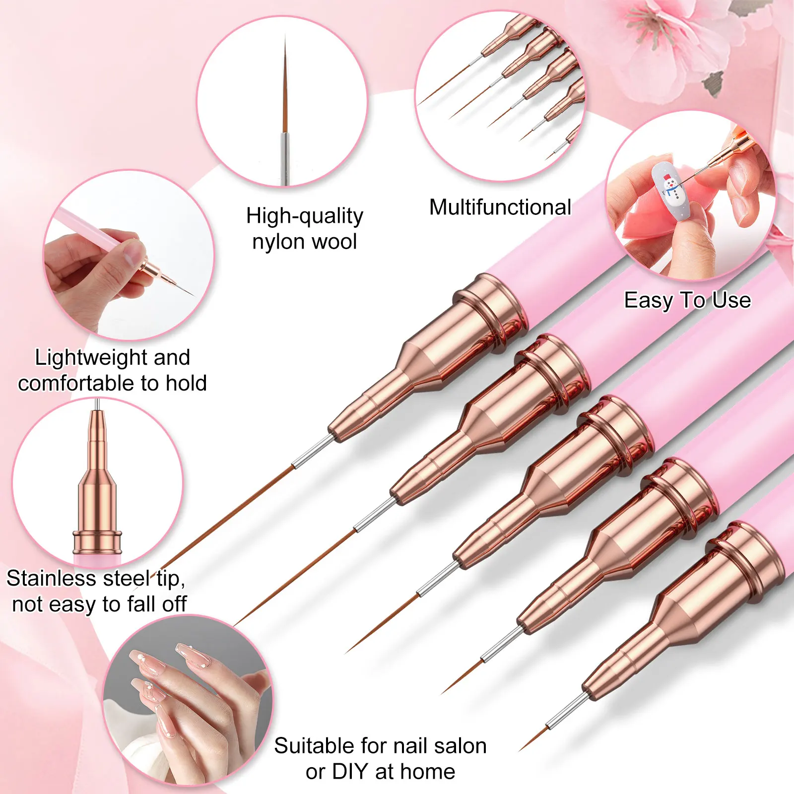 

Harupink 5Pcs Nail Art Brush Set for Long Lines Nail Art Liner Brushes with Metal Handle Portable Nail Dotting Pens Nylon Nail