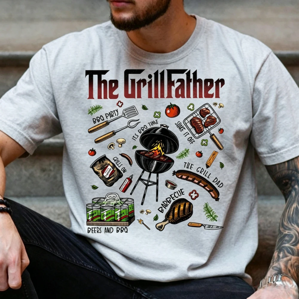 Фото Ретро-футболка The Grillfather BBQ с принтом в стиле «Крестного отца», винтажная мужская летняя футболка с круглым вырезом, хлопковая, с коротким рукавом №2