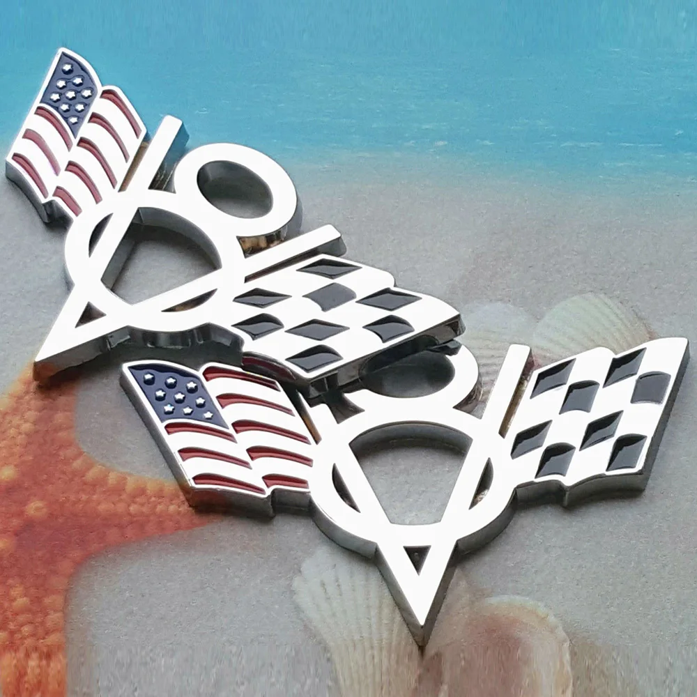 2Pcs/Set NEW V8 Flag Emblem Badge Sticker Metal Chrome Vehicle Car Decoration Accessories For Chevrolet Chevy Corvette Camaro |