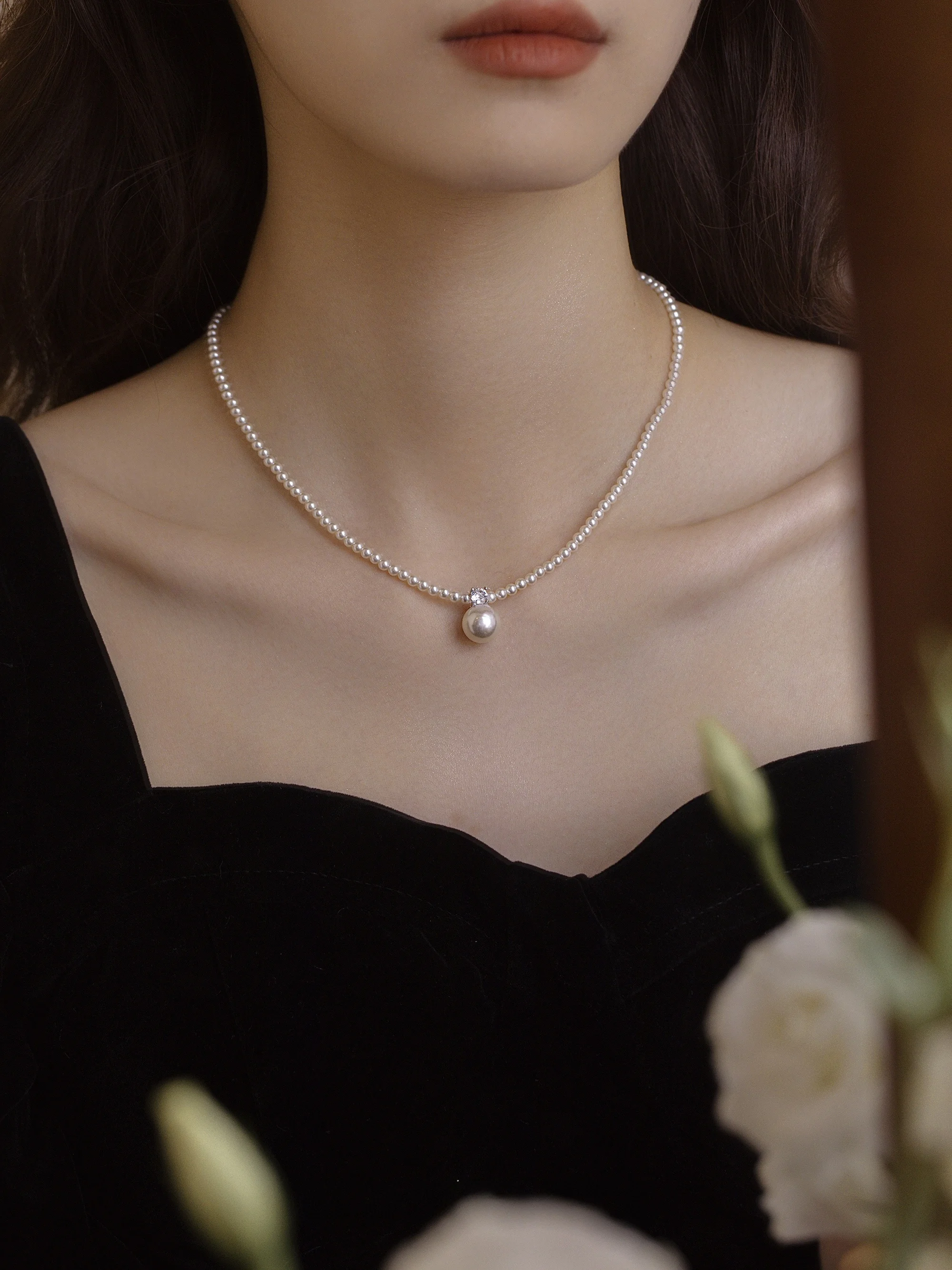 3fantasts Light Luxury Austrian Imported Shijia Pearl Necklace Diana Pendant Choker Sterling Silver