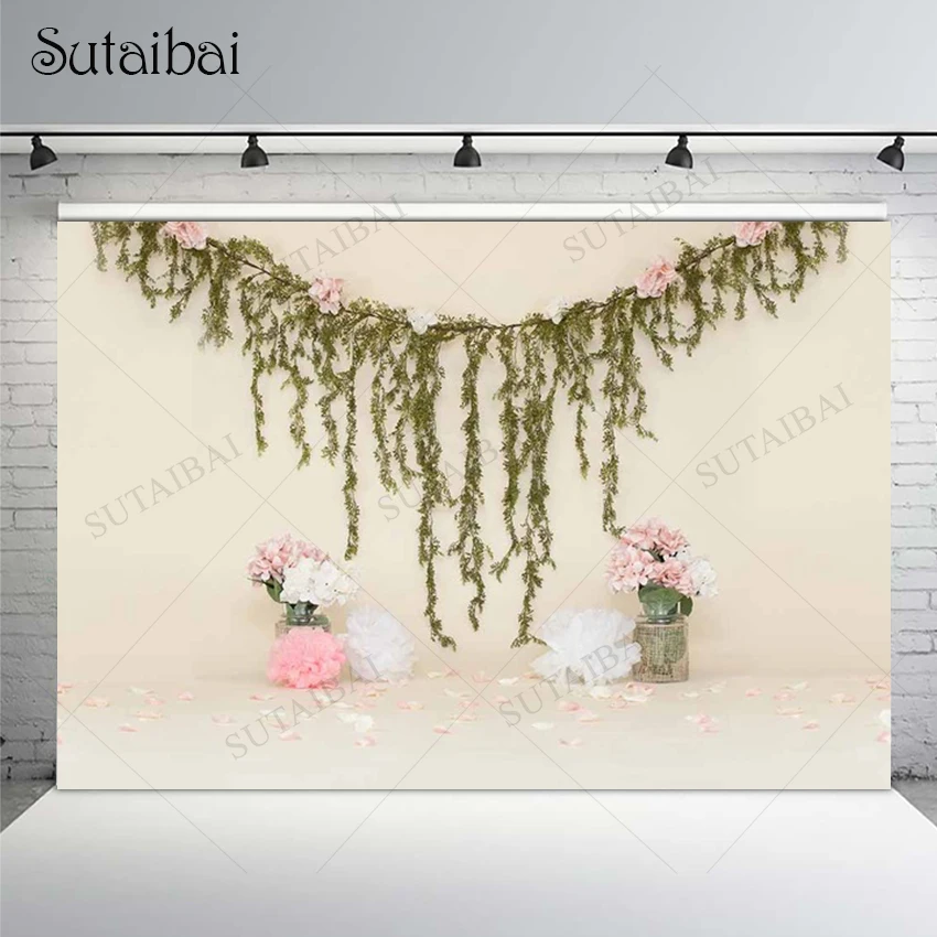 

Spring Backdrop Decorate Easter Green Plants Stage Tassel Baby Room Fresh Flowers Newborn Baby Showers Photographic Booth Props