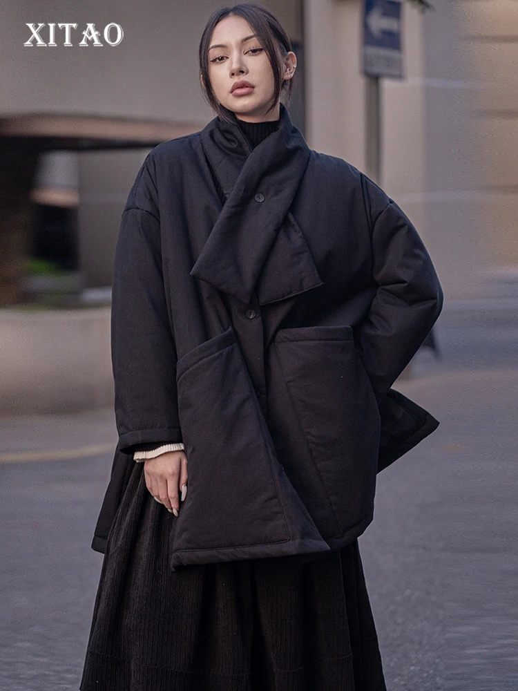 

XITAO Black Women Parka Loose Fashion V-neck Collar Single Breasted Keep Warm Coat Casual Simplicity Vintage Top WLD13518