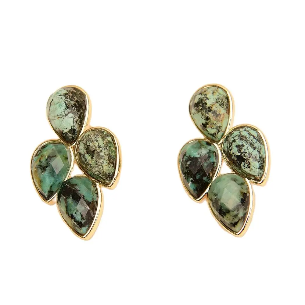

GG Jewelry Natural Green African Turquoise Stud Gems Earrings Yellow Gold Plated Gemstone Jewelry For Lady Gift Handmade